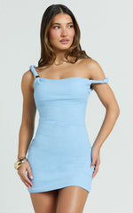 Jude Mini Dress - Twist Straps Tipped Shoulder Fitted Pointelle Jersey Dress in Blue