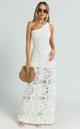 Charlene Maxi Dress - Crochet Knitted One Shoulder Maxi Dress in White