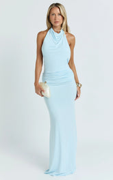 Lizzy Maxi Dress - Backless Ruched Bodycon Dress in Blue