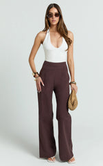 Narcisa Pants - Linen Look High Waist Bootleg Pants in Chocolate