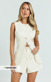 Rhianna Top - Button Down Longline Recycled Denim Vest Top in Ecru