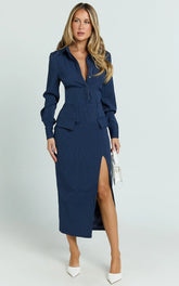 Ophelia Midi Dress - Collared Pinstripe Long Sleeve Fitted Dress in Navy