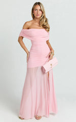 Alanna Maxi Dress - Off Shoulder Ruched Mesh Dress in Pink