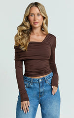 Cate Top - Long Sleeve Asymmetrical Neckline Top in Chocolate