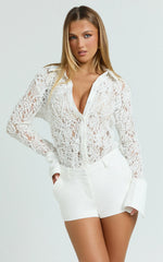 Regina Top - Textured Lace Button Down Shirt in White