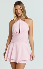 Bertie Mini Dress - Cowl Halter Neck Dress in Pink