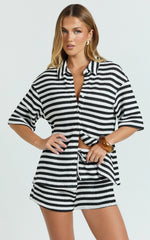 Brenda Top - Textured Stripe Drop Shoulder Button Down Shirt in White/Black