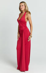 Dixie Maxi Dress - Plunge Halter Low Back Dress in Cherry