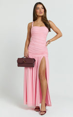 Cardi Maxi Dress - Ruched Mesh High Leg Split Dress in Pink