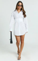 Athena Mini Dress - Collared Button Front Corset Waist Workwear Shirt Dress in White