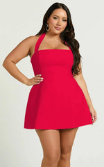 Dante Mini Dress - Halter Neck Tie Tulip Skirt Dress in Red