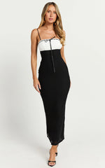 Emelia Midi Dress - Strappy Straight Neck Ruched Bust Dress in Black