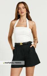 Ali Linen Blend Shorts - High Waisted Cuffed Shorts in Black