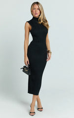 Chantelle Midi Dress - Turtle Neck Sleeveless Ruche Waist Fitted Knit Dress in Black