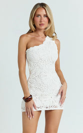 Charlene Mini Dress - Crochet Knitted One Shoulder Dress in White