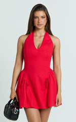 Alexi Mini Dress - Halter Deep V Fit And Flare Dress in Red