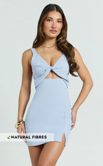 Finnley Mini Dress - Linen Twist Front Cut Out Dress in Baby Blue
