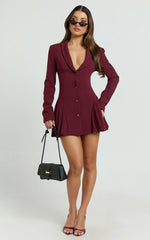 Bea Mini Dress - Collared Long Sleeve Fit And Flare Pleated Dress in Wine