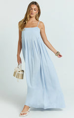 Cloe Midi Dress - Pleated Detail Dress in Blue