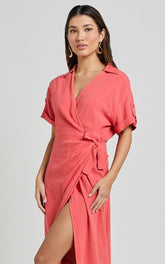 Carina Midi Dress - Linen Blend Short Sleeve Collared Wrap Dress in Orange