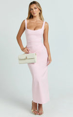 Benita Midi Dress - Scoop Neck Ruched Fitted Dress in Pink
