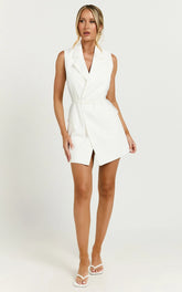 Romeo Mini Dress - Front Tie Collared Flap Pocket Dress in White