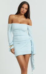 Noah Mini Dress - Off Shoulder Draped Skirt Jersey Dress in Blue