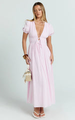 Matteo Midi Dress - Deep V Neck Puff Sleeve Dress in Pink