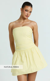 Donatella Mini Dress - Strapless Drop Waist Dress in Lemon