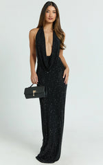 Felix Maxi Dress - Low Cowl Neck Bodycon Tie Back Dress in Black