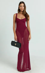 Laney Maxi Dress - Mesh Sweetheart Neck Bodycon Dress in Wine