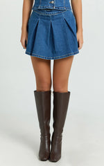 Nikita Mini Skirt - Mid Waisted Denim Box Pleat Skirt in Dark Blue Wash