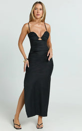 Nicoletta Midi Dress - Sweetheart Back Tie Gathered Dress in Black