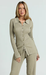 Kelsey Top - Button Through Long Sleeve Knitted Top in Taupe