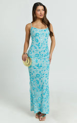 Robbie Maxi Dress - Strappy Scoop Neck Column Fitted Sequin Mesh Dress in Blue