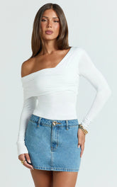 Cate Top - Long Sleeve Asymmetrical Neckline Top in White