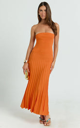 Paris Midi Dress - Strapless Drop Waist Pleated Knit Dress in Orange