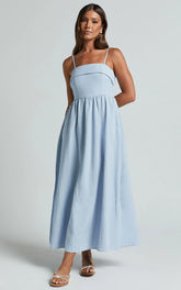 Carlyn Midi Dress - Linen Detachable Straps in Blue