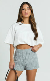 Primrose Shorts - Recycled Cable Knit Mini Shorts in Grey