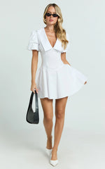 Lucy Mini Dress - Deep V Oversized Collar Puff Sleeve A Line Dress in White