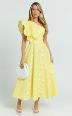 Alfreda Midi Dress - One Shoulder Ruffle Detail Brailey Jacquard Dress in Yellow Jacquard