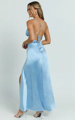 Heidi Maxi Dress - Satin Ruched Bust Tie Back Dress in Blue