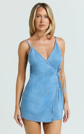 Ramira Mini Dress - Denim Halter Neck Wrap Tie Mini Dress in Light Blue Wash