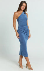 Arietty Midi Dress - One Shoulder Asymmetrical Ruched Dress in Steel Blue