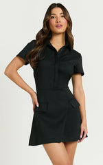 Noemie Mini Dress - Short Sleeve Faux Wrap Dress in Black