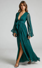 Dangerous Woman Maxi Dress - Plunge Thigh Split Dress in Emerald
