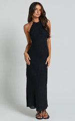 Cyrena Maxi Dress - Linen Halter Neck Sleeveless Slip Dress in Black