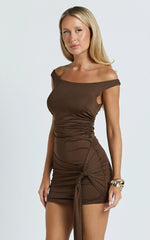 Maisie Mini Dress - Jersey Off The Shoulder Wrap Sash Dress in Chocolate