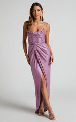 Adrie Midi Dress - Strapless Corset Bodice Dress in Pink