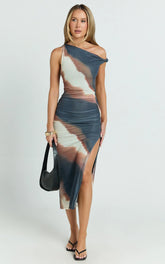 Nenita Midi Dress - One Shoulder Mesh Dress in Rust Print